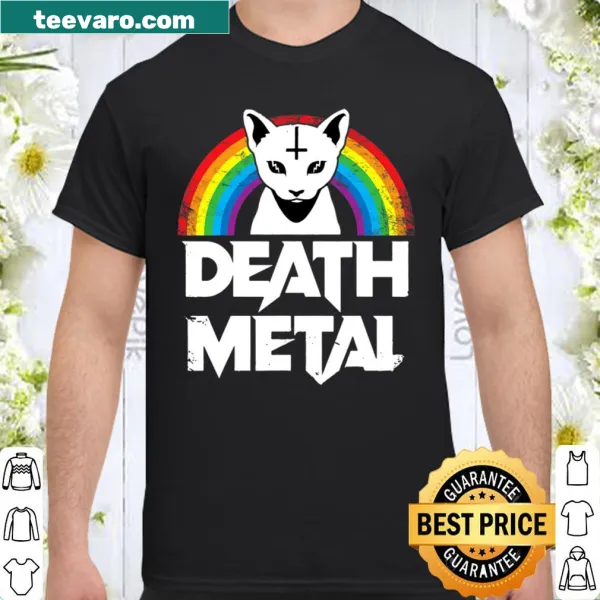 Heavy metal shirt featuring a goth cat with rainbow accents