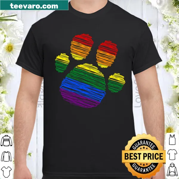 Rainbow paw print graphic T-shirt promoting LGBTQ+ and pet love