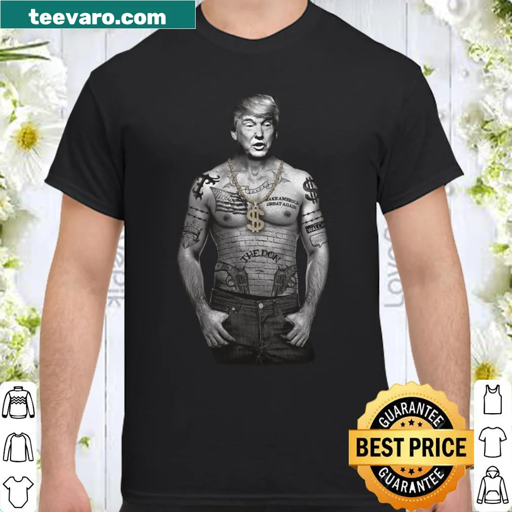 T-shirt featuring a tattoo-style graphic of Donald Trump and the American flag