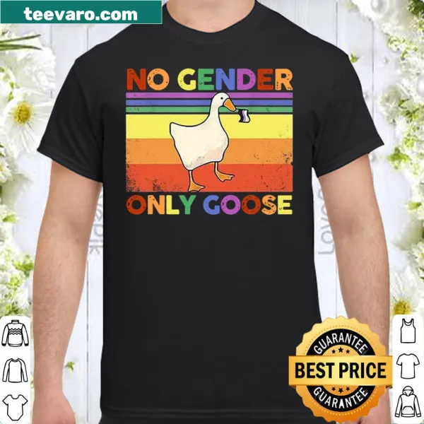 Text shirt with the phrase 'Duck No Gender Only Goose' celebrating nonbinary pride.