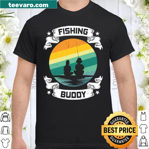 Illustration of father and son fishing with text 'Fishing Buddy'