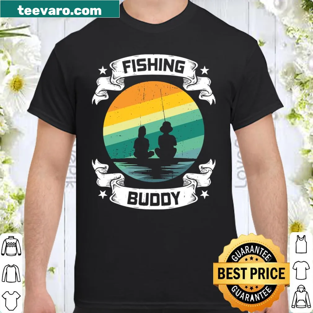 Illustration of father and son fishing with text 'Fishing Buddy'