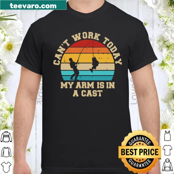 Witty fishing shirt with humorous text about an arm in a cast