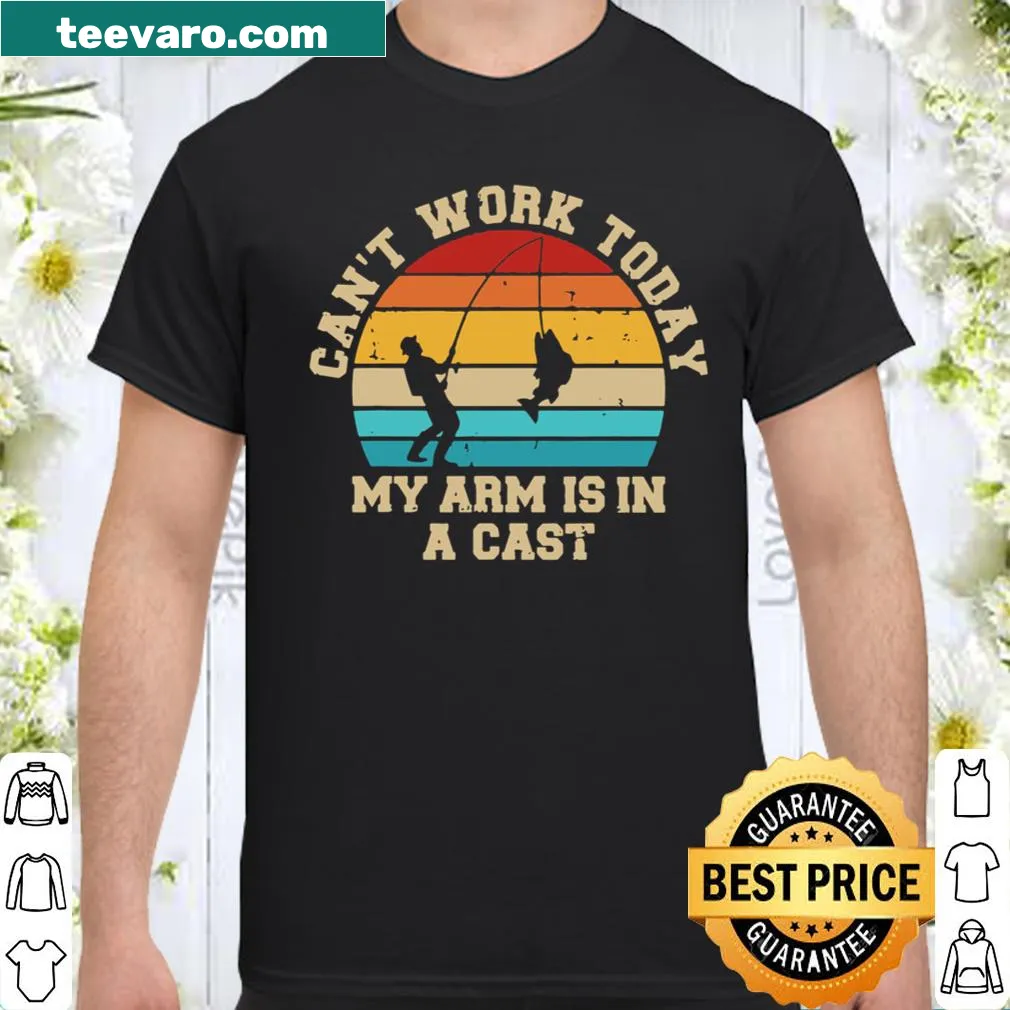 Witty fishing shirt with humorous text about an arm in a cast