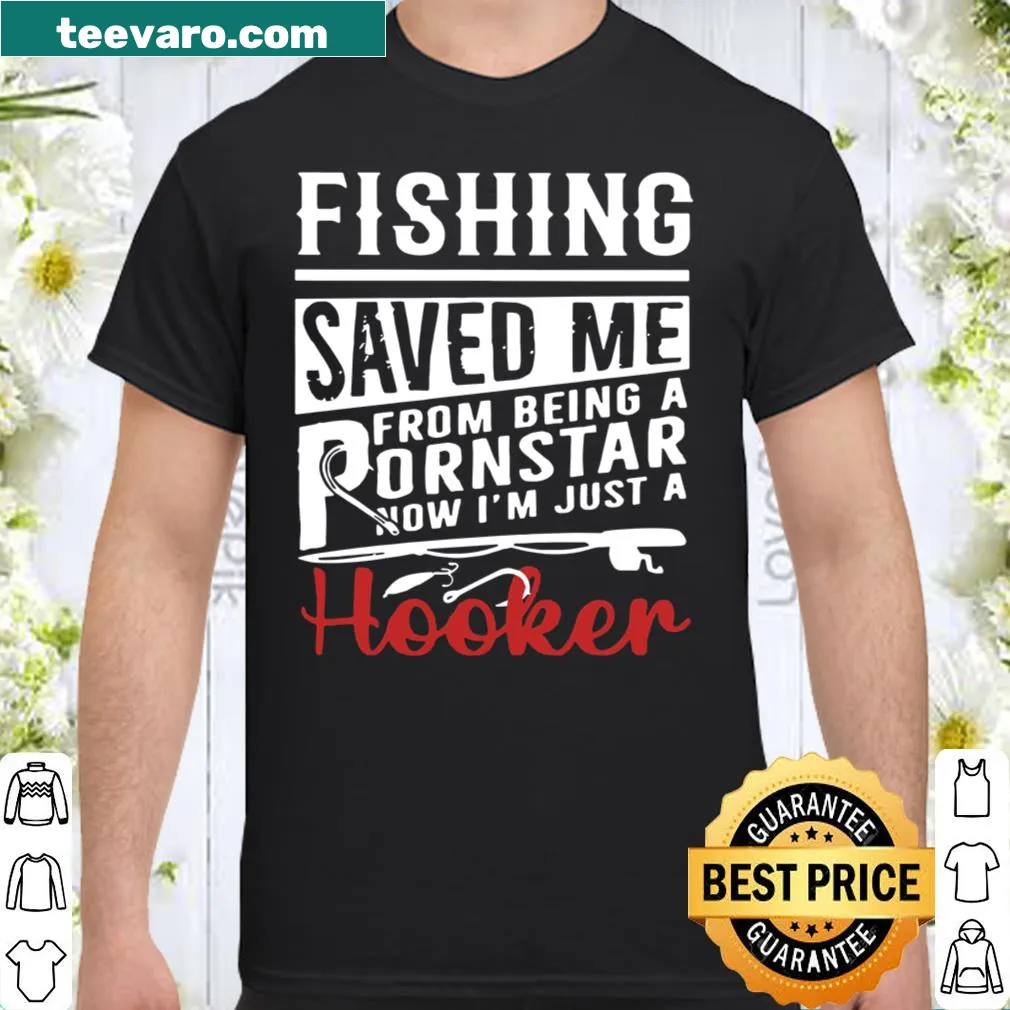 Distressed shirt with humorous fishing-related text.