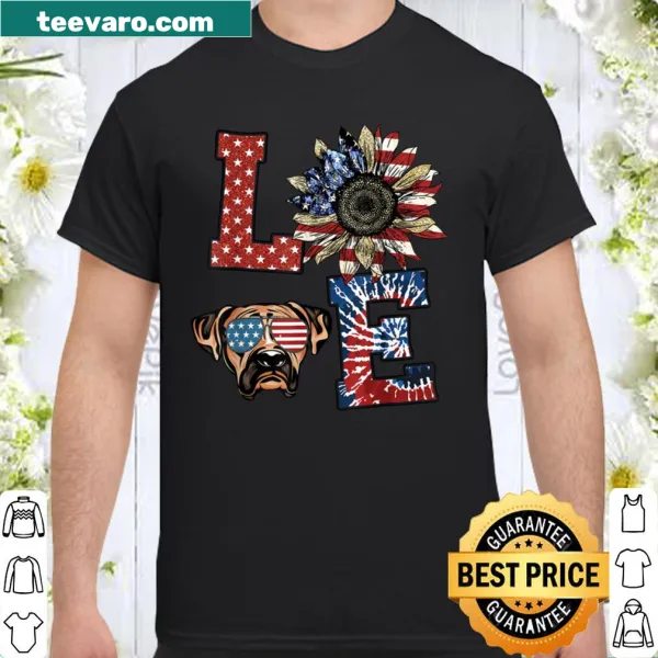 Tie-dye shirt with a Boxer dog, USA flag, and sunflower graphics