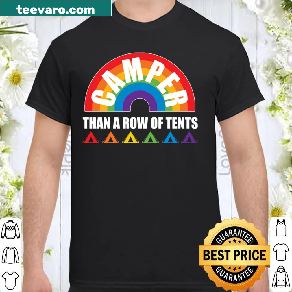 Funny cartoon-style shirt with rainbow flags and campers promoting LGBT awareness.