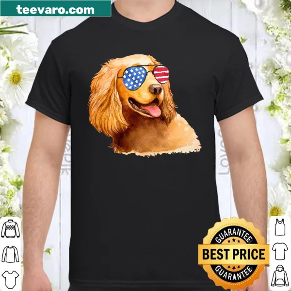 Golden retriever with sunglasses and American flag design