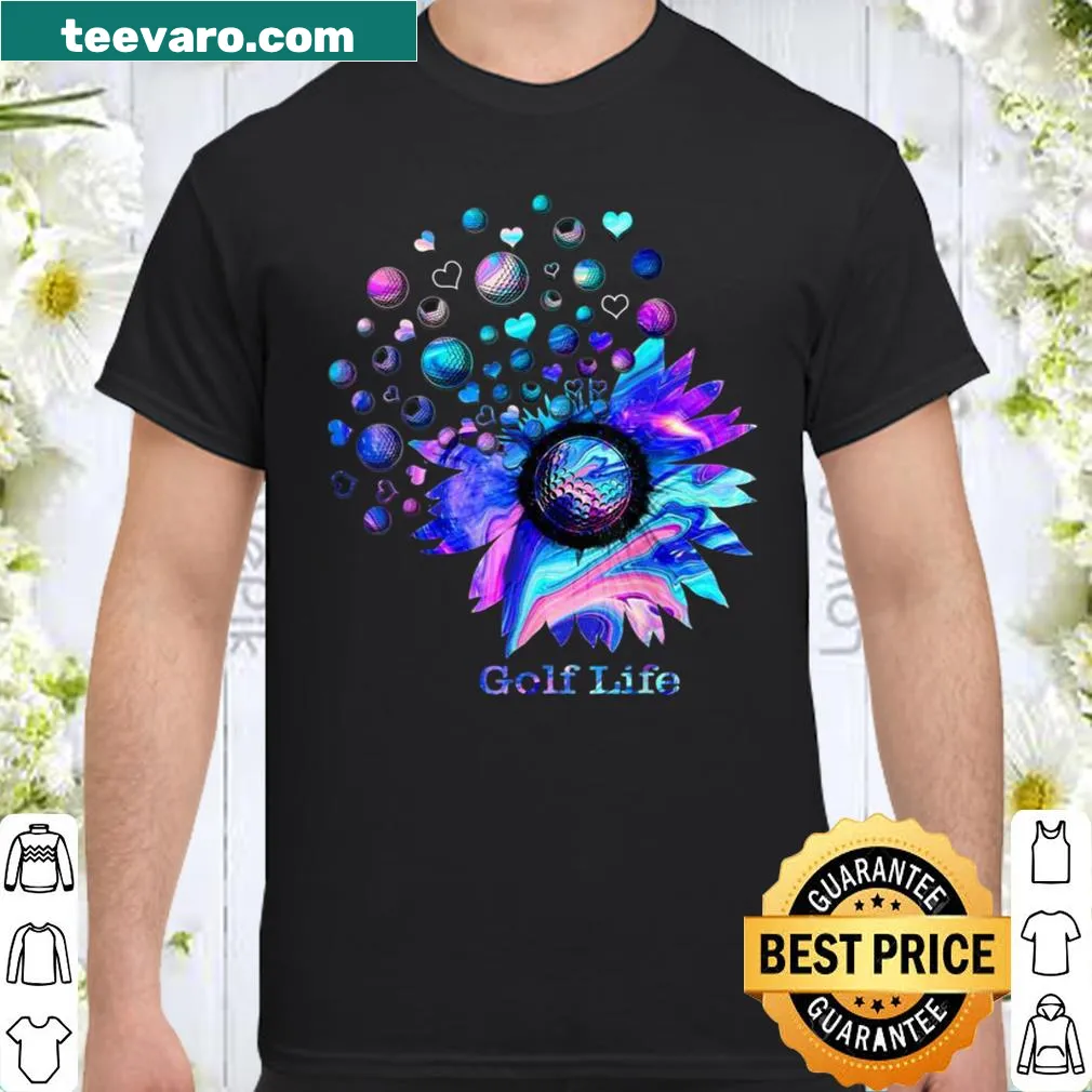 Playful golf-themed shirt with sunflower graphic.