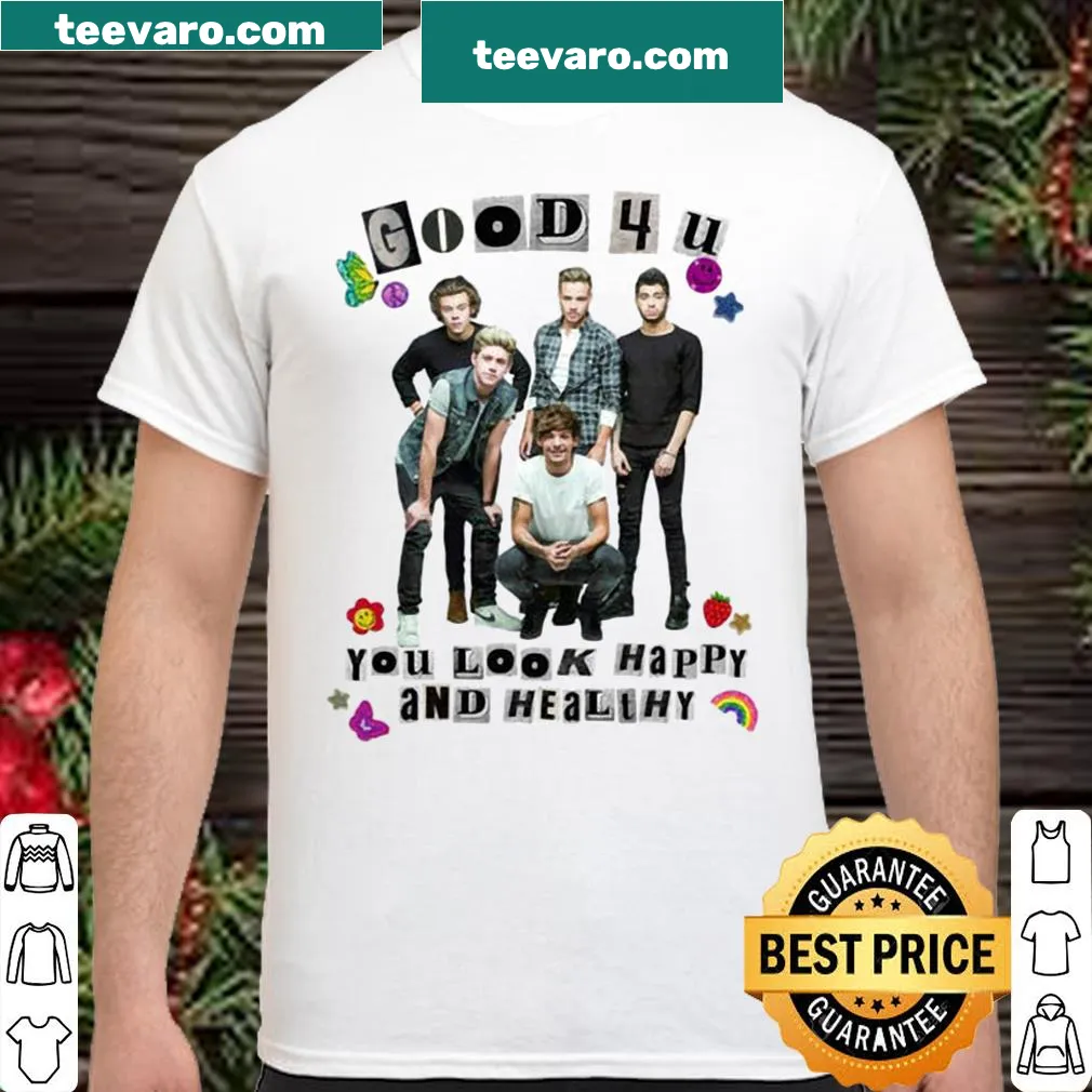 Graphic tee featuring 'You Look Happy and Healthy' text in fun font