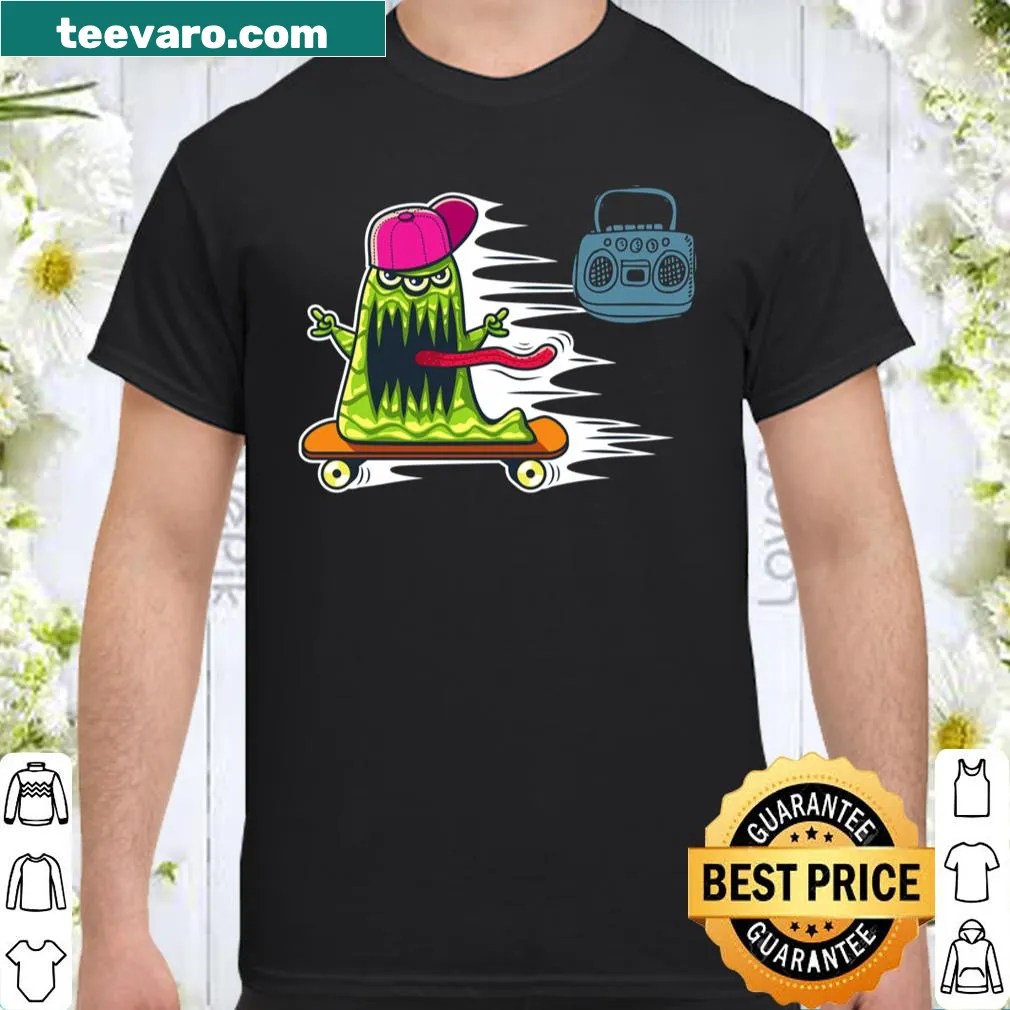 Graphic tee featuring a playful skateboard monster illustration