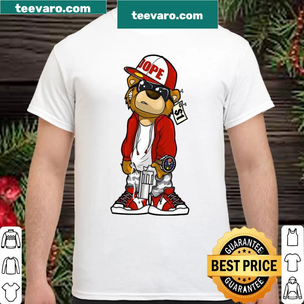 Playful hip-hop shirt featuring teddy bear design — on a women's shirt