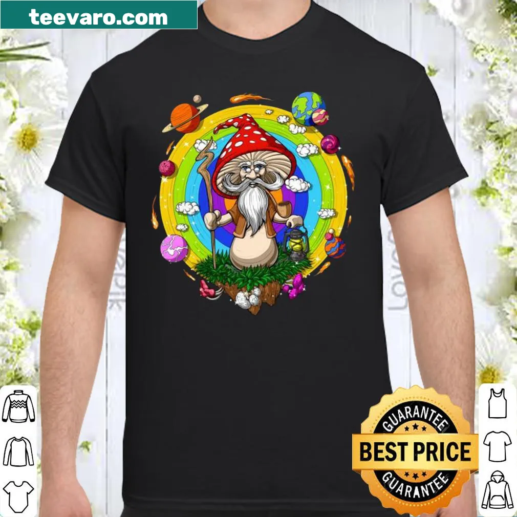 Whimsical wizard and mushrooms design shirt