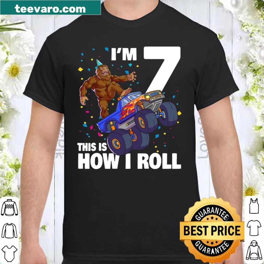 Illustration of a Sasquatch driving a monster truck for a kids' birthday t-shirt