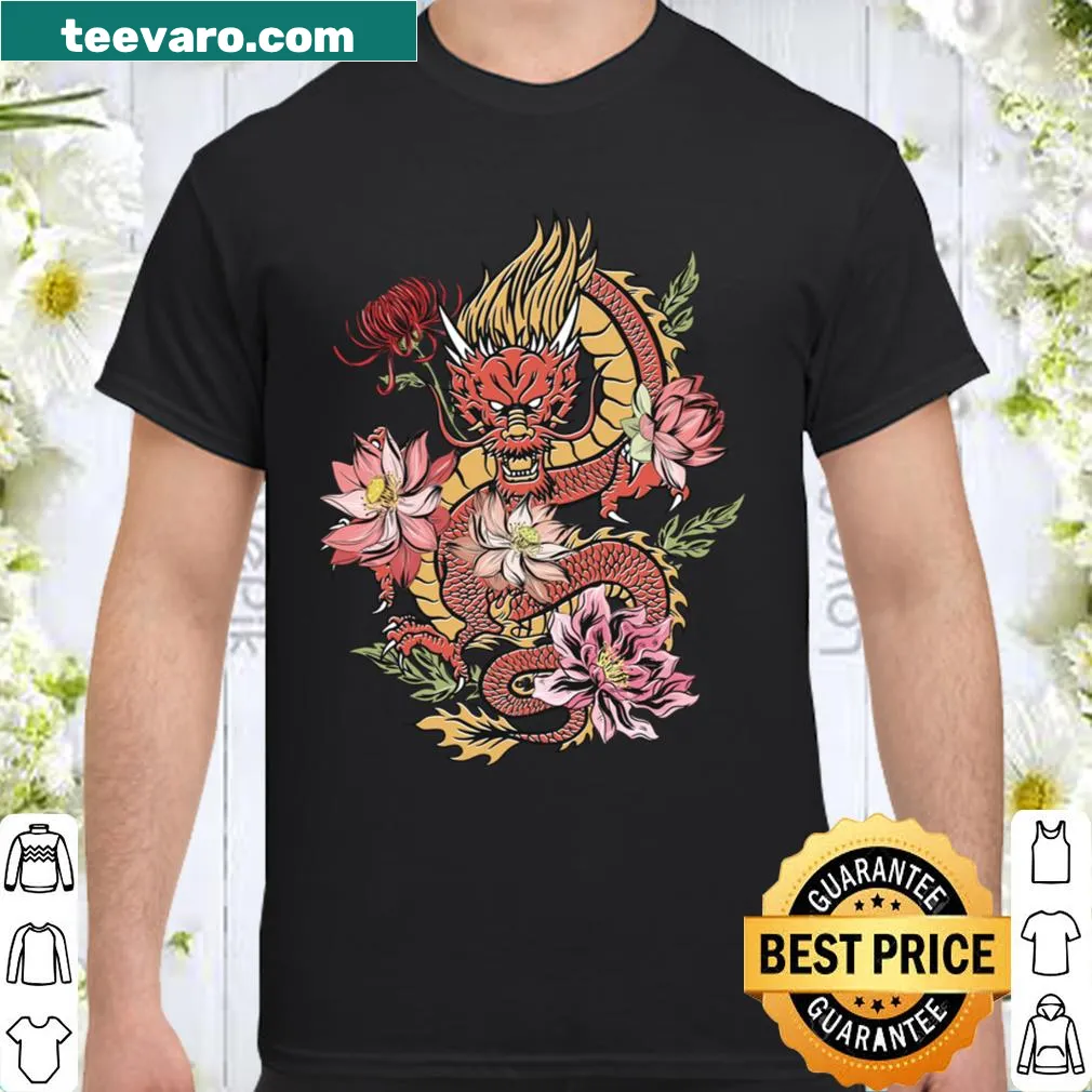 Vintage dragon and flower design on a shirt