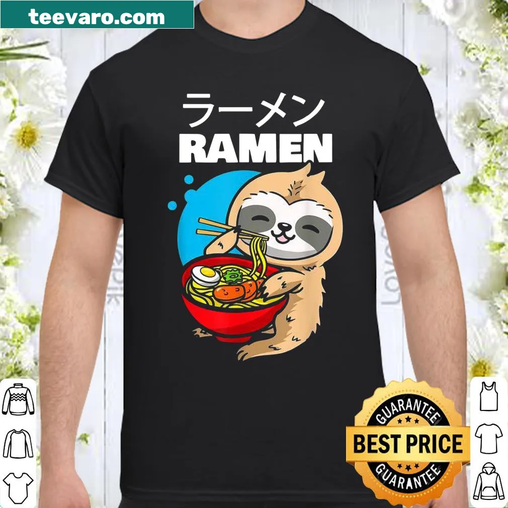 Kawaii anime sloth character enjoying ramen noodles