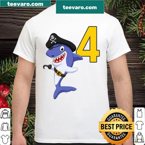 Kids 4th birthday shirt featuring a playful pirate shark design