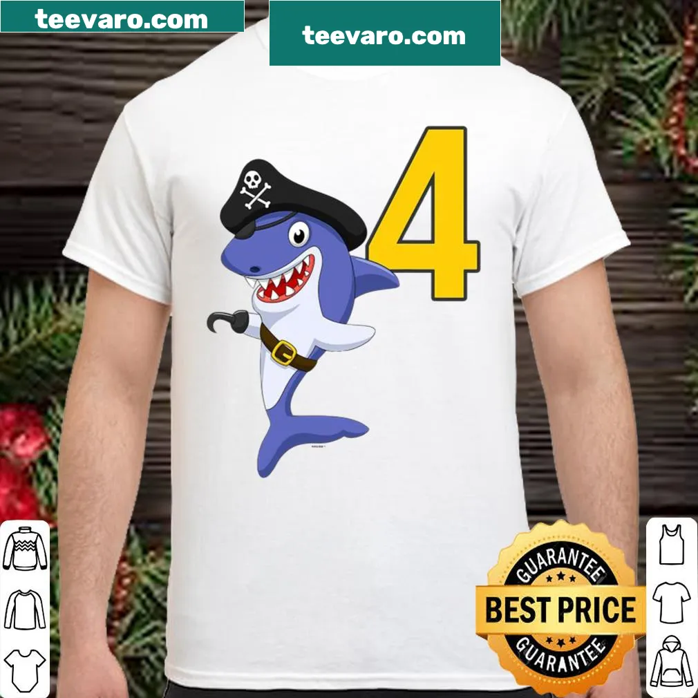 Kids 4th birthday shirt featuring a playful pirate shark design
