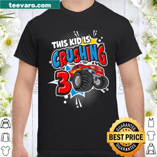 Illustrated monster truck with text celebrating 3 years old