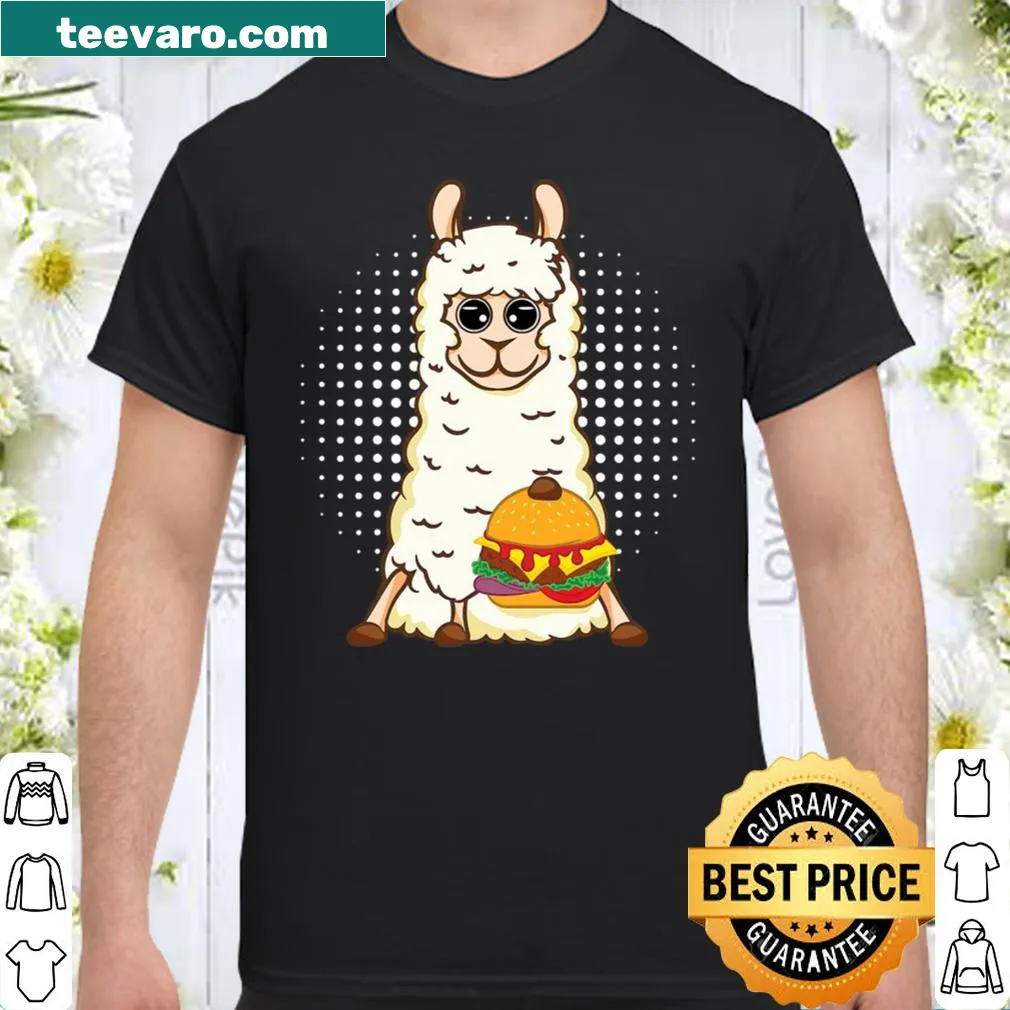 Funny llama graphic shirt with a llama sitting and holding a burger