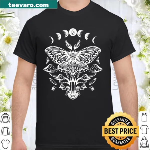Dark goth shirt with moths, crystals, and moon phases illustration.