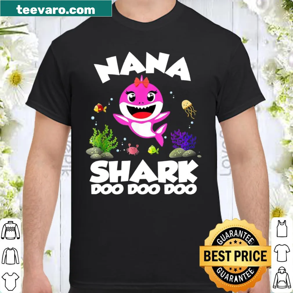 Cartoon-style shirt for grandmas featuring 'Nana Of The Baby Shark' text