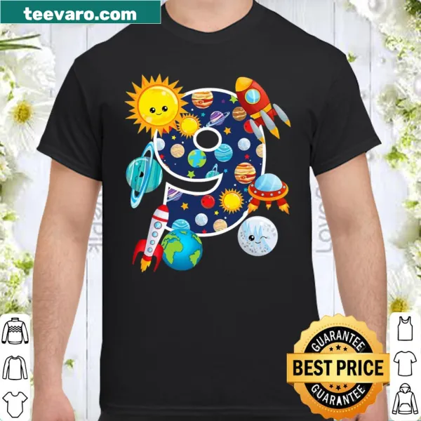 Space-themed birthday shirt for kids with planets and rockets.