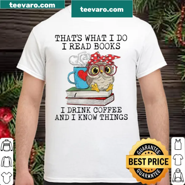 Whimsical shirt with an owl graphic and a reading and coffee-themed phrase.