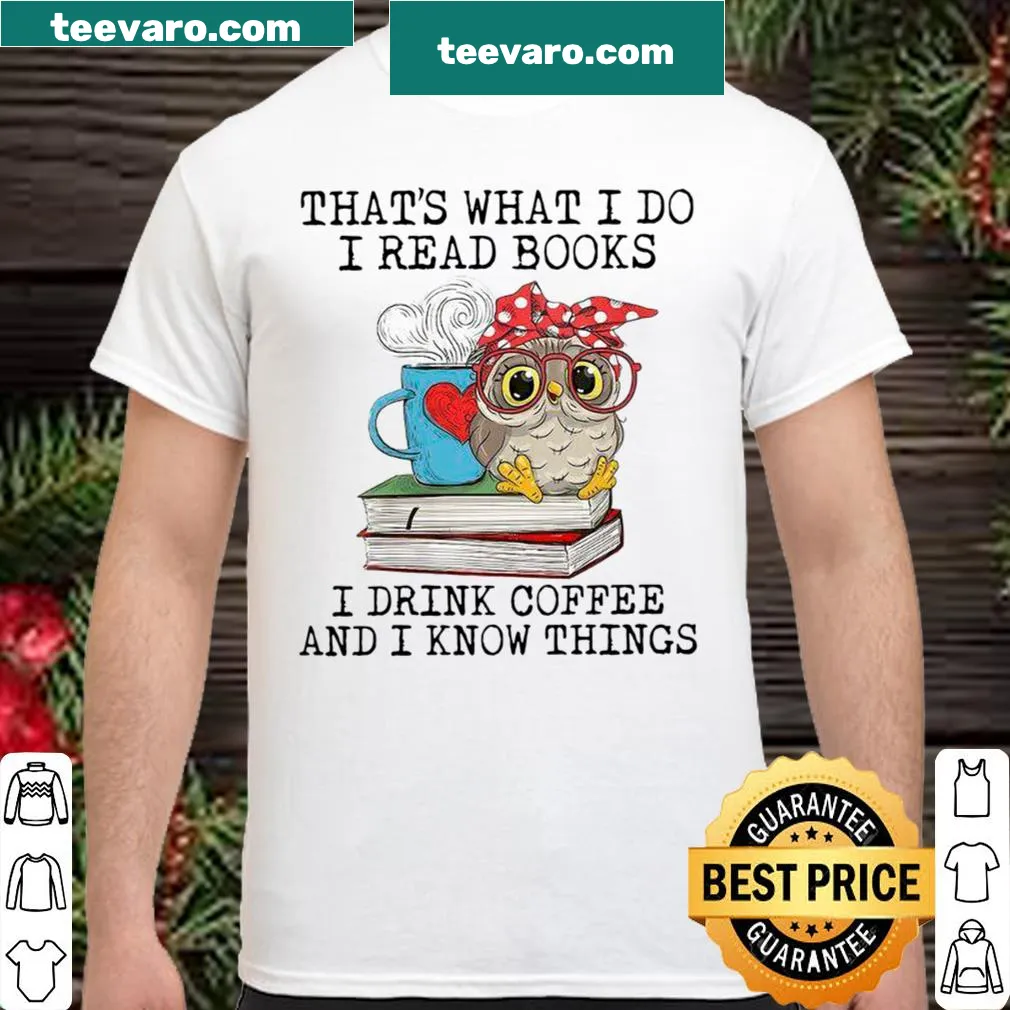 Whimsical shirt with an owl graphic and a reading and coffee-themed phrase.