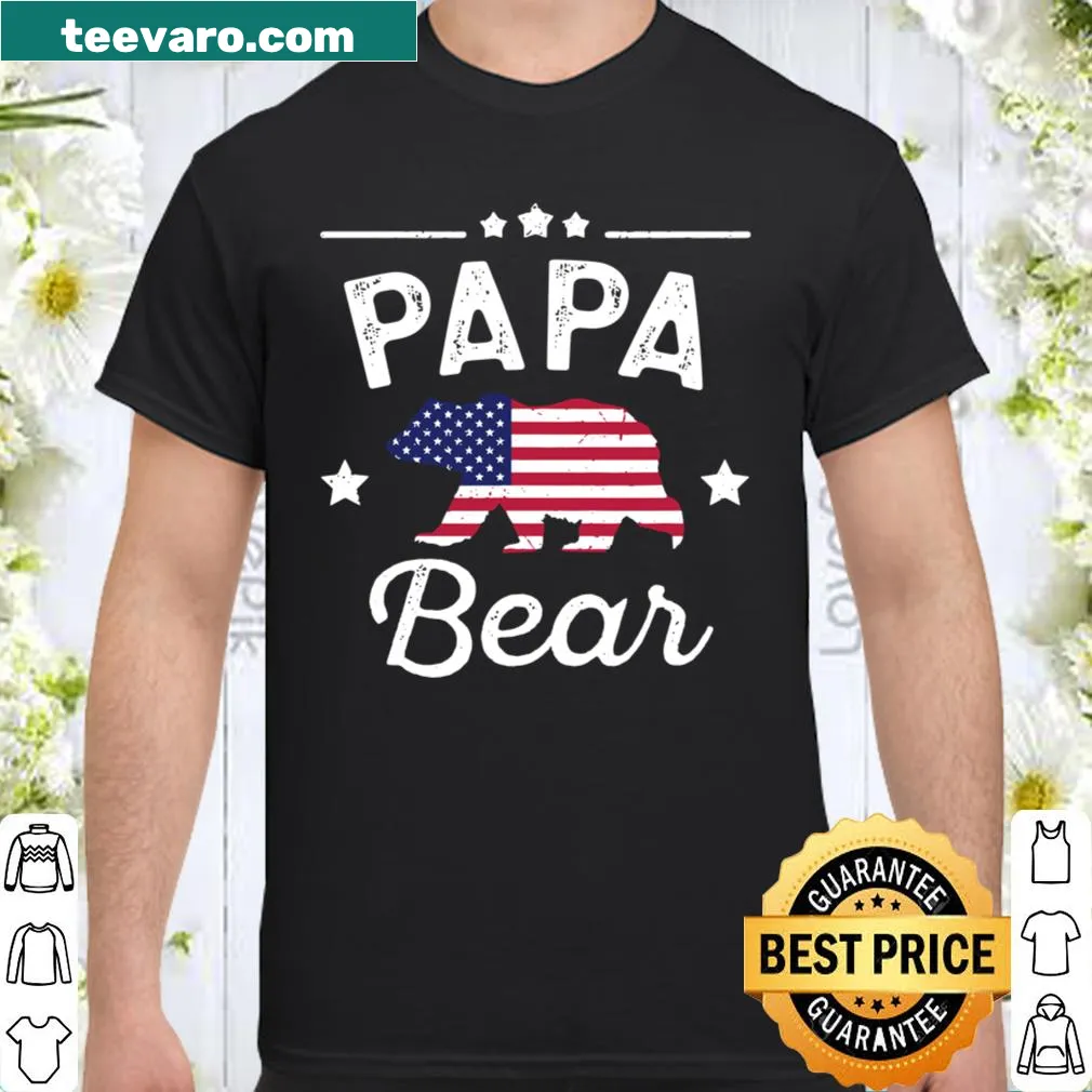 Patriotic T-shirt with a bear and American flag design.