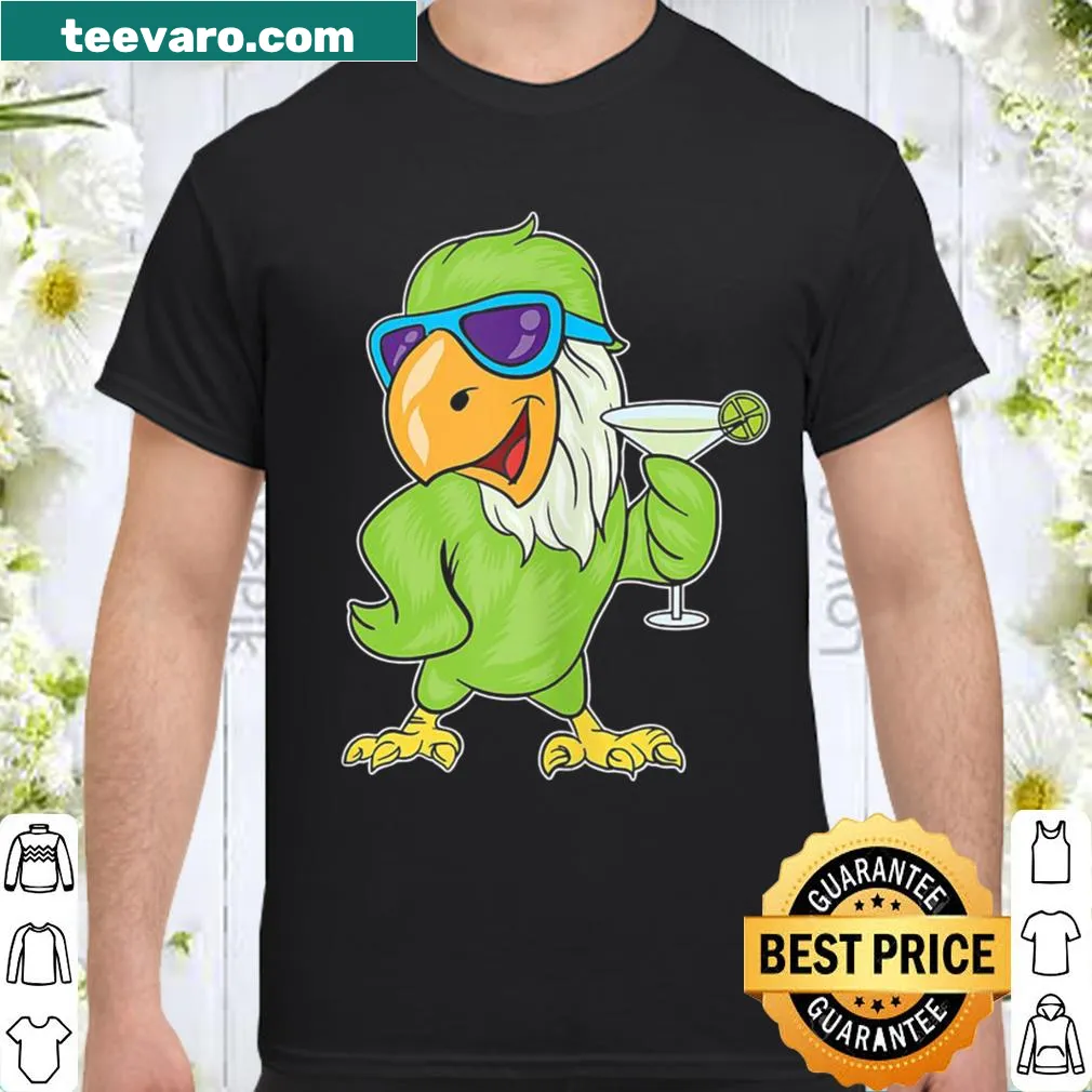 Cartoon shirt of parrots drinking margaritas