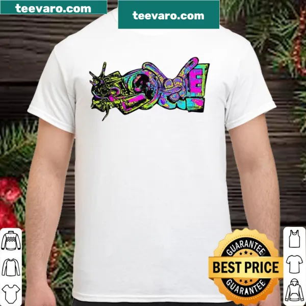 Graffiti-style shirt with peace, love, and rock hand sign graphic.