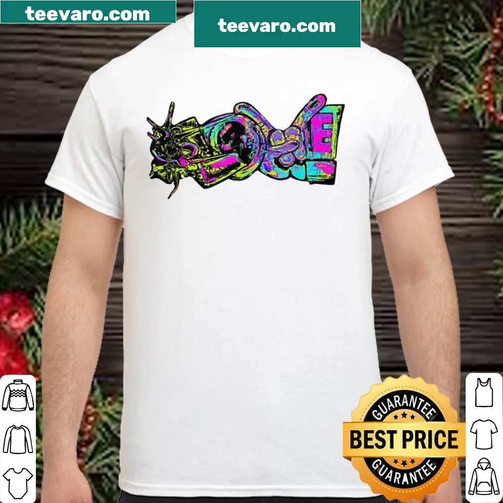 Graffiti-style shirt with peace, love, and rock hand sign graphic.