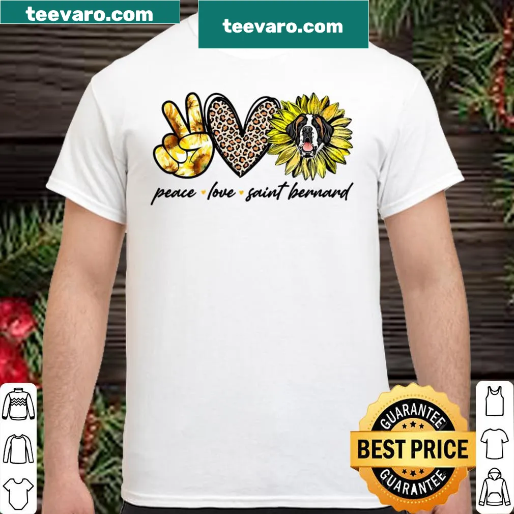 Shirt featuring the phrase 'Peace Love Saint Bernard' with dog graphics