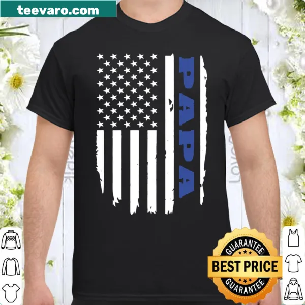 Patriotic t-shirt featuring the American flag and thin blue line with 'Police Papa' text.