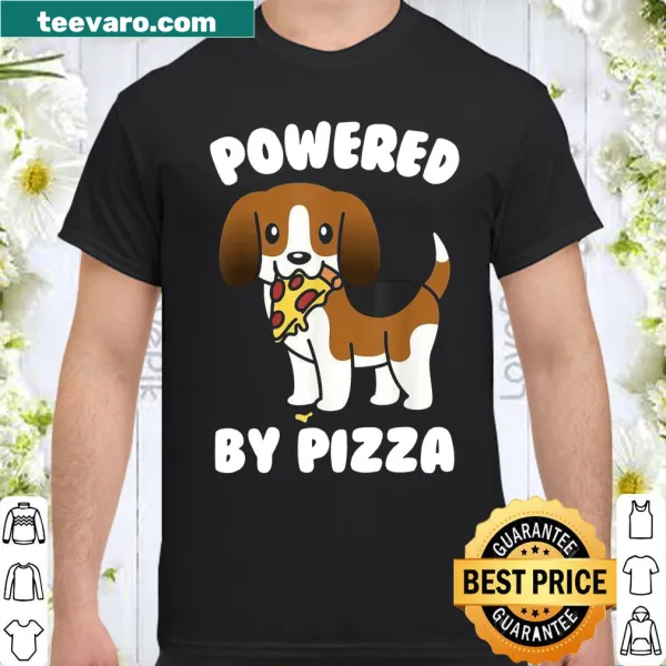 Funny shirt with a Basset Hound and the text 'Powered By Pizza'