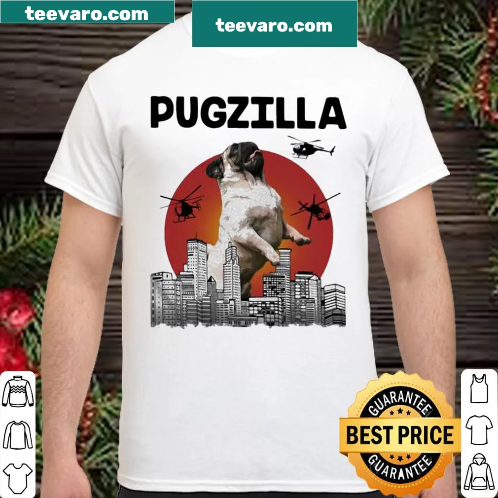 Cartoon shirt featuring Pugzilla in a helicopter against a blood moon