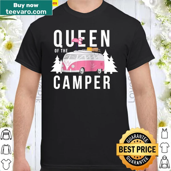 Cute RV camping shirt with a flamingo and 'Queen Of The Camper' text