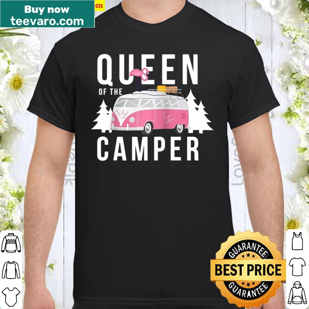 Cute RV camping shirt with a flamingo and 'Queen Of The Camper' text
