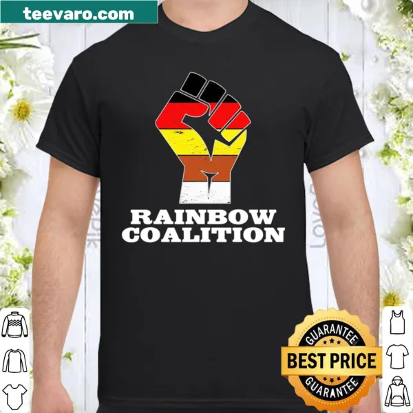 Colorful illustration on a shirt promoting the Rainbow Coalition and Chicago politics