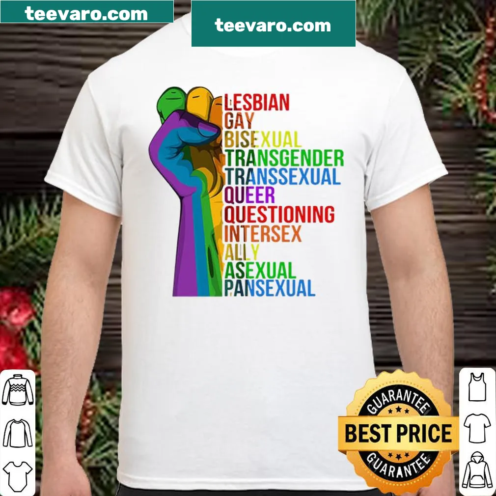 Rainbow fist graphic with the phrase 'LGBT Rights' on a shirt