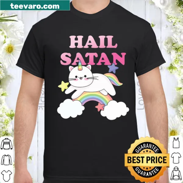 Playful shirt with a rainbow unicorn cat and the phrase 'Hail Satan'