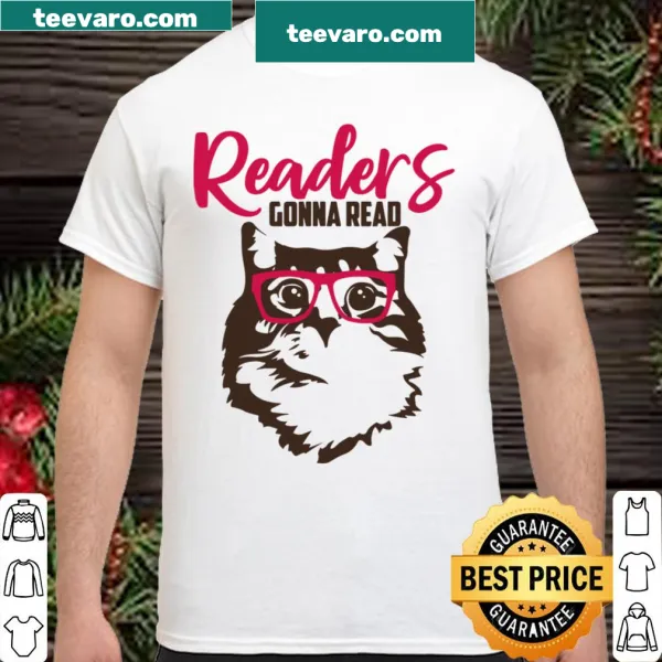 Text-based shirt celebrating reading and cats with playful typography