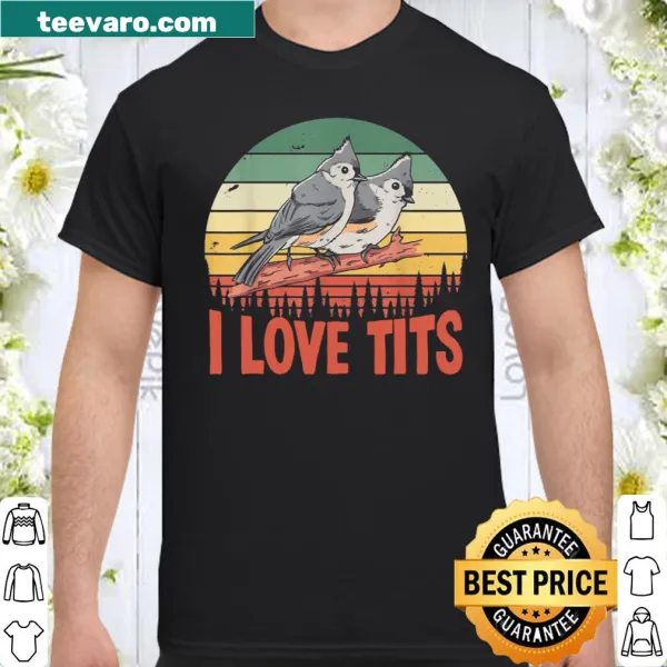 Retro design shirt featuring a tufted titmouse bird against a sunset.