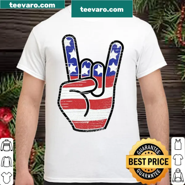 Rock and roll shirt with USA flag and horns sign