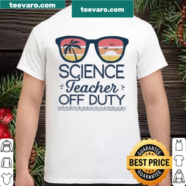 Beach sunset shirt for science teachers featuring sunglasses illustration.