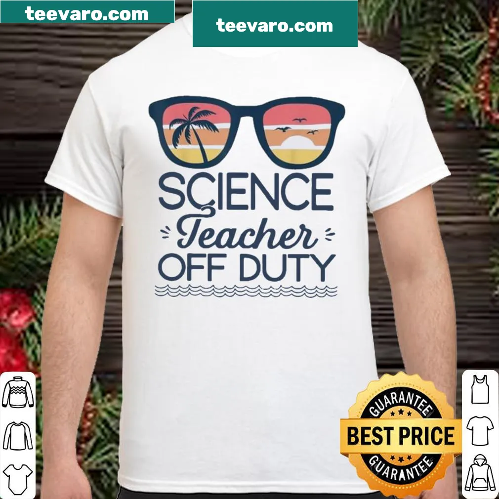 Beach sunset shirt for science teachers featuring sunglasses illustration.