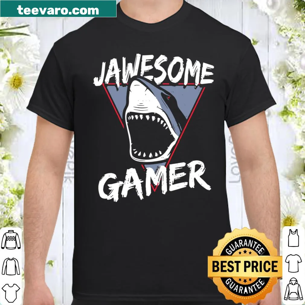 Funny gamer shirt with a shark theme and playful text