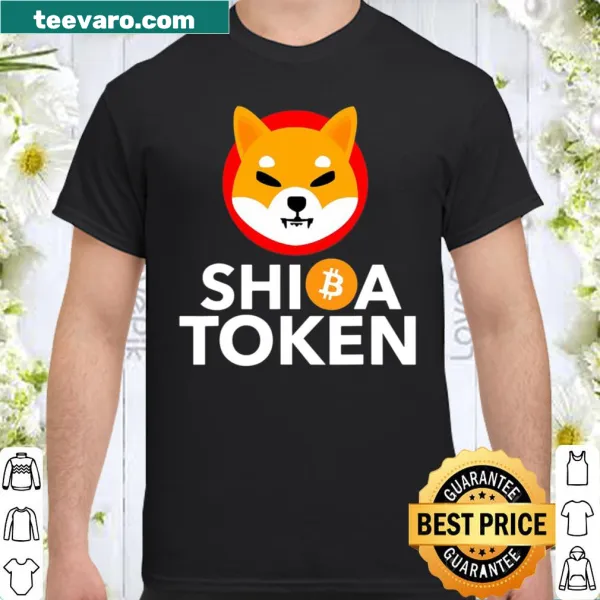 Shirt featuring Shiba Inu token graphics and fun cryptocurrency text.