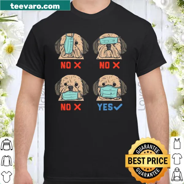Cute Shih Tzu wearing a mask on a shirt, promoting social distancing.